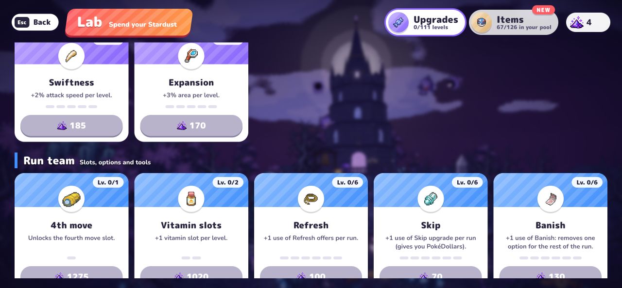 PokeBonk v0.8.55 Lab Run team 슬롯과 선택 도구 화면