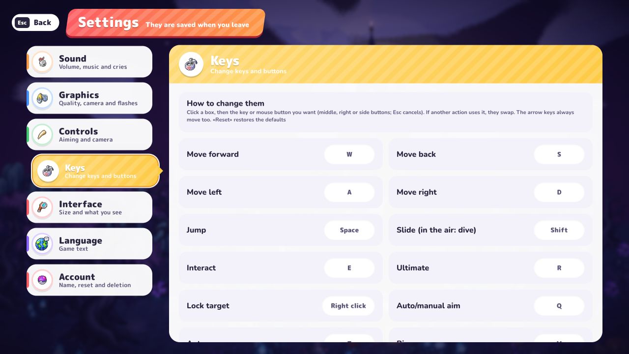 PokeBonk English keyboard settings showing movement and action bindings